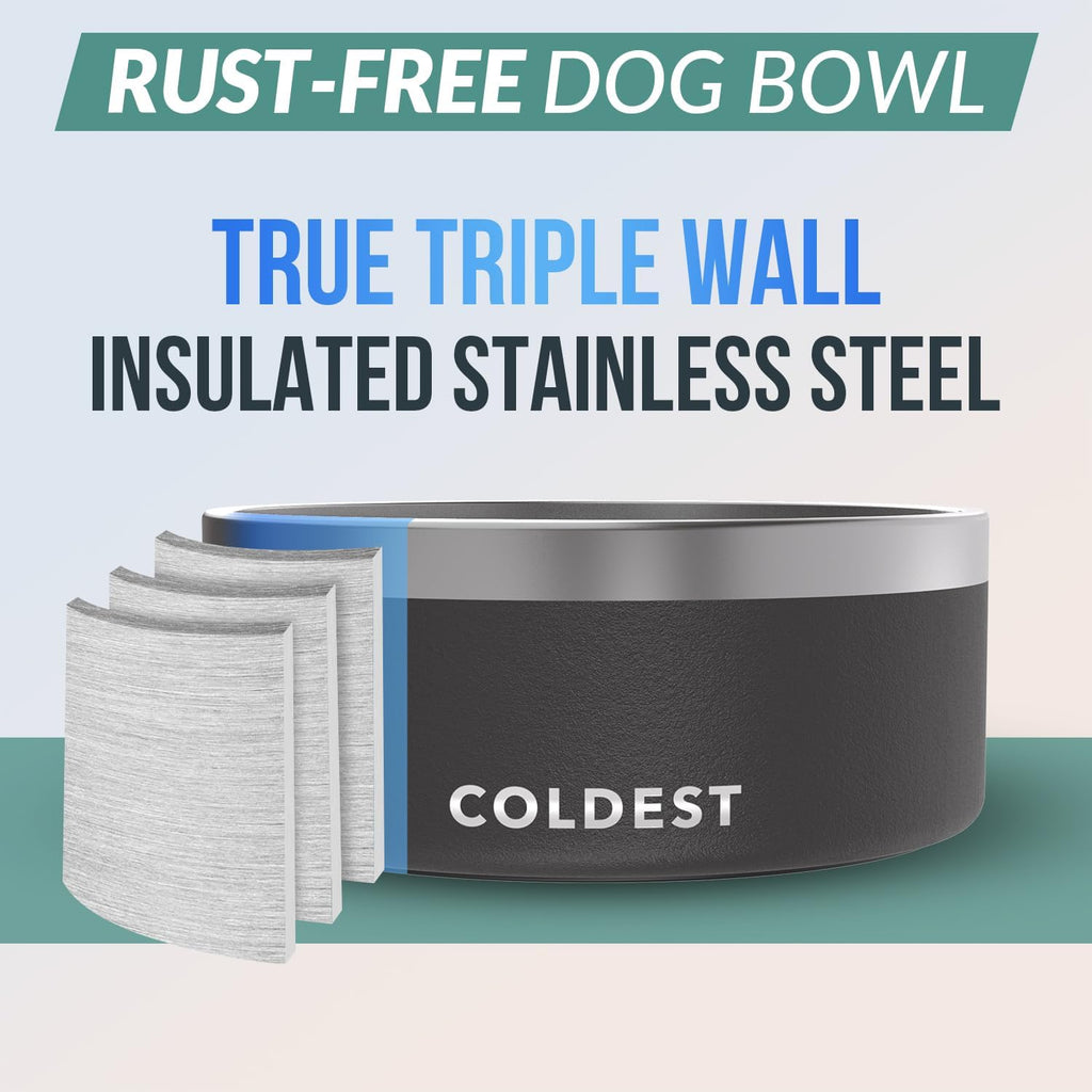 Coldest Dog Bowl - Anti Rust Metal, Non Slip, 3 Layers Insulated Stainless Steel Dog Bowls - Spill Proof & Heavy Duty - Water Bowl for Dogs, Cats & Pets, Dish Washer Safe (100 oz, Stealth Black) 