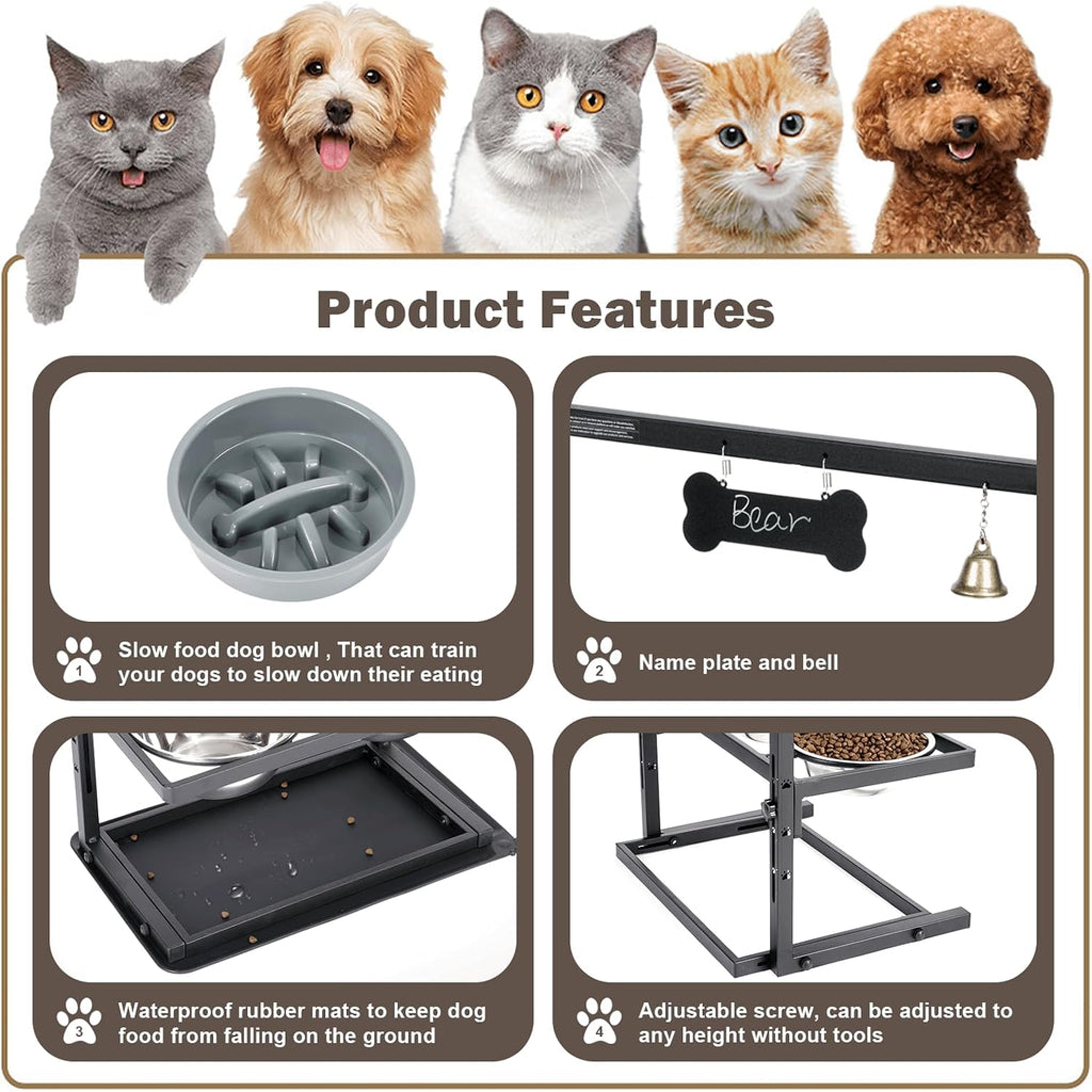 Elevated Dog Bowls with Slow Feeder for Large and Medium Dogs, Adjustable Height Raised Dog Bowl Stand with 2 Stainless Steel Bowls and Spill-Proof Mat, Dog Feeder for Healthy Eating (Grey)
