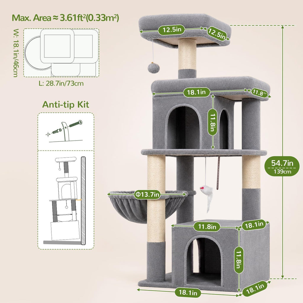 Globlazer Cat Tree Tower 2 Condo Kitten Scratching Post, F54, Light Grey