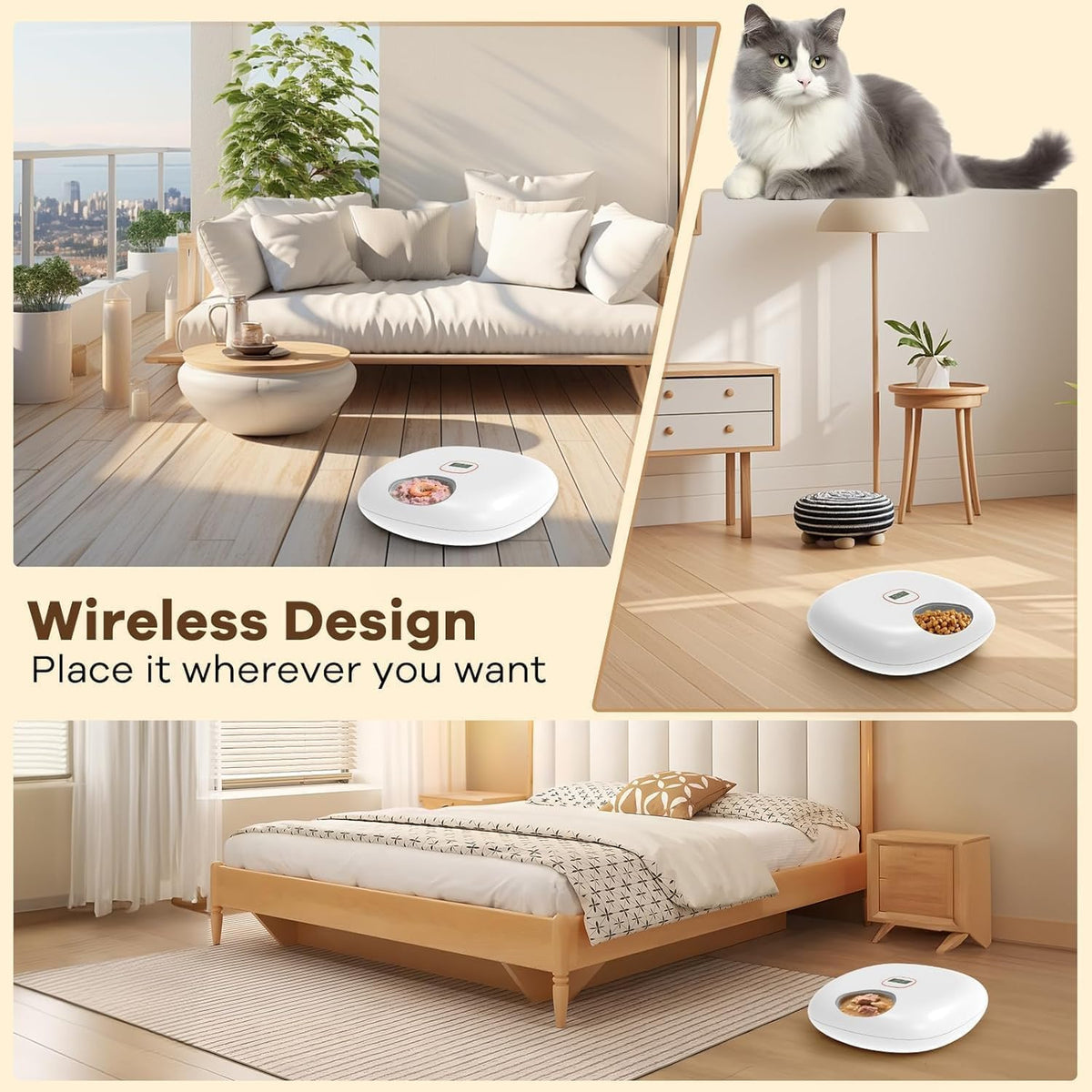 Automatic Cat Feeder Wireless, Sharper Image Auto Cat Food Dispenser for Dry Food with 4 Ice Packs, Rechargeable Auto Feeder for Cats and Dogs with Programmable Timer Low Battery Indicator, White