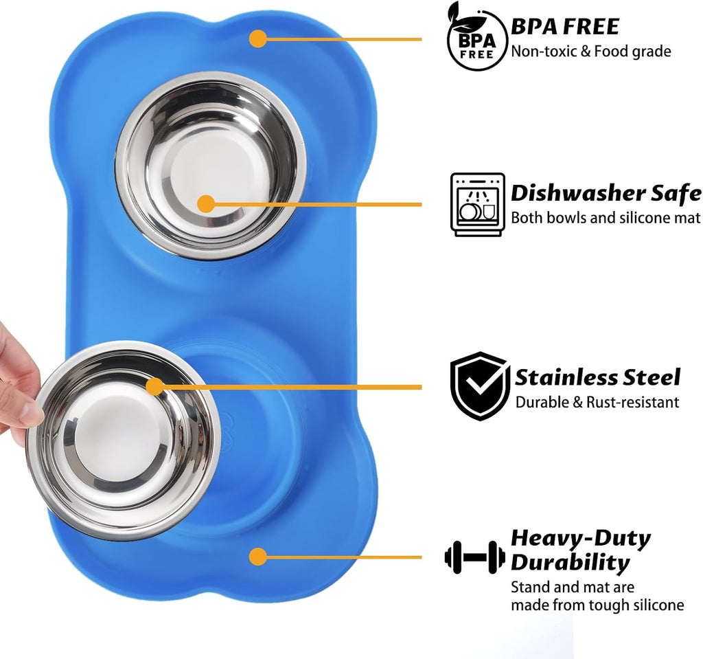 Hubulk Pet Dog Bowls 2 Stainless Steel Dog Bowl with No Spill Non-Skid Silicone Mat + Pet Food Scoop Water and Food Feeder Bowls for Feeding Small Medium Large Dogs Cats Puppies (Small, Blue) 