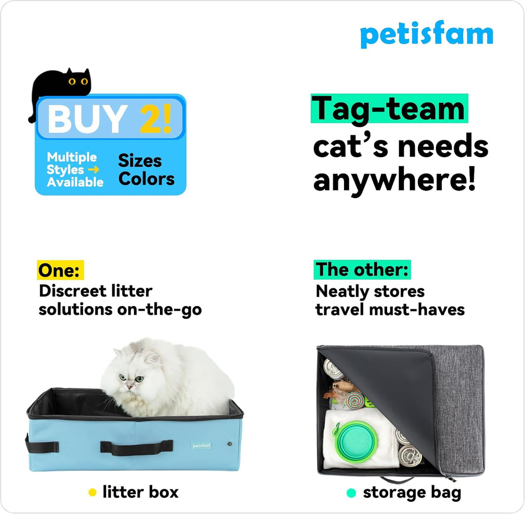 Portable Cat Travel Litter Box with Leak-Proof Zipped Lid to Keep Odor and Litter Contained. Lightweight to Carry Around (Blue, Large)