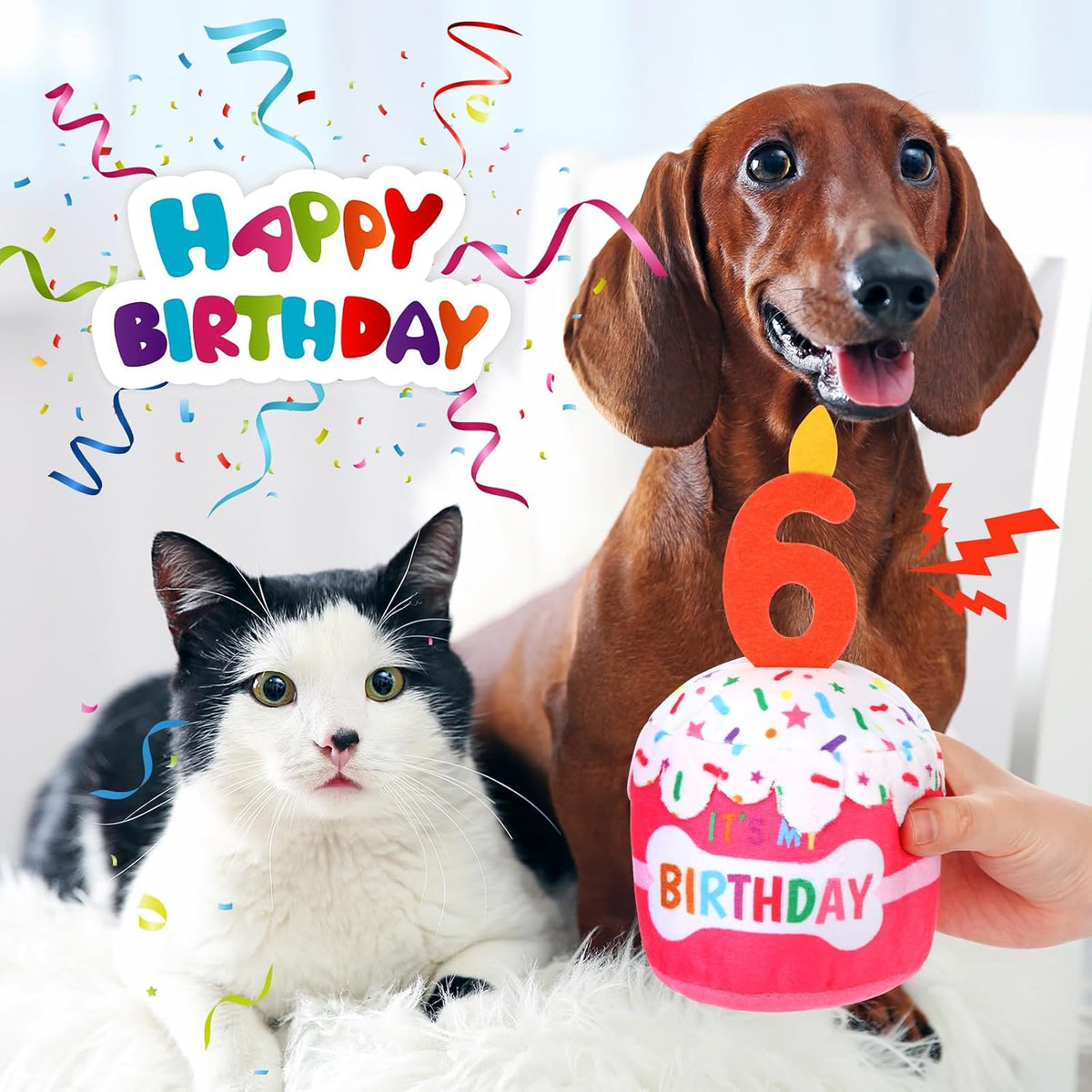 Dansydaisy Dog Birthday Cake Toy Squeaky Plush Gift,6th,Pink | Interactive Squeaky Gift for Dogs, Dog Birthday Decor , Soft Chew for Small Medium Large Pets, Cake Design with Candle