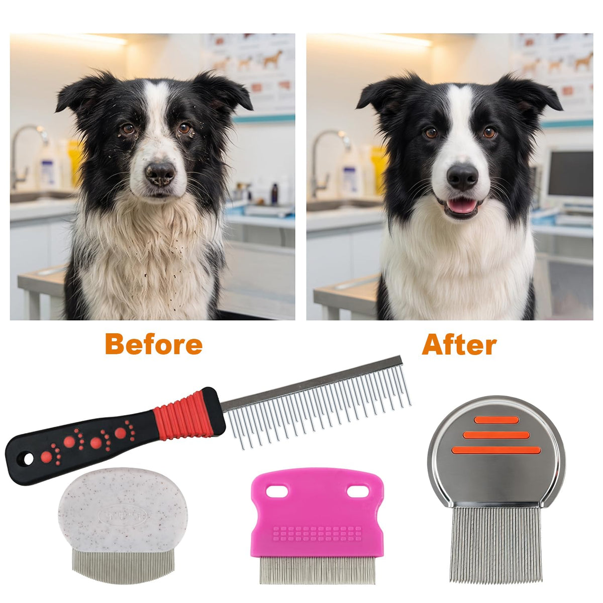 6 Pack Stainless Steel Flea Combs, Pet Grooming Set for Dogs & Cats