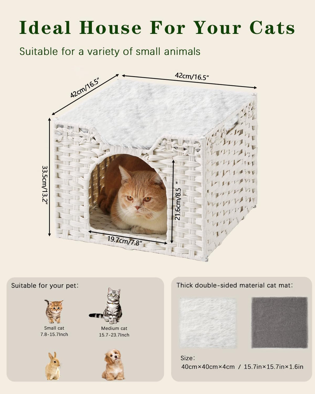 SETVSON Cat Beds Indoor Kitten House, Handwoven Rattan Cave, White