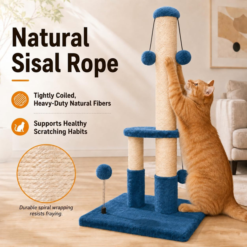 Dimaka Tall Cat Scratching Post, Double Lower Posts Extra Stable Cat Post Tree Scratcher with Sisal Rope and Teasing 4 Balls Total Large Base (Blue)