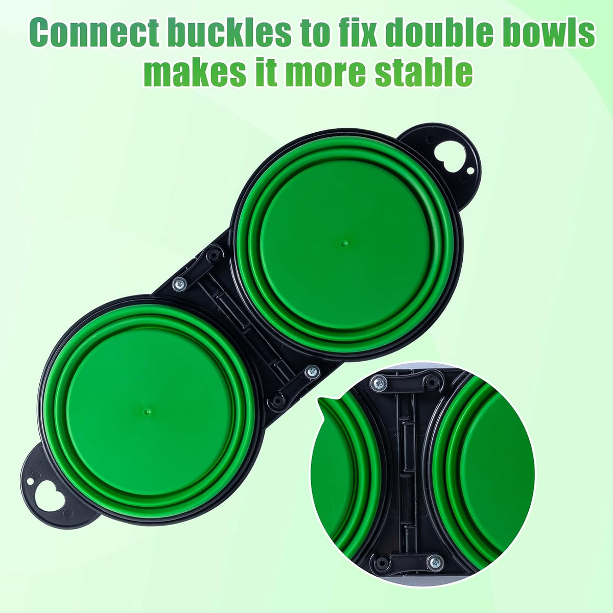 SLSON Collapsible Dog Dual Bowls Reinforced Rim 180 Degrees Flip Over Foldable Double Bowl with Lock Clips More Stable Dog Travel Bowls Pet Food Water Feeder (Green)