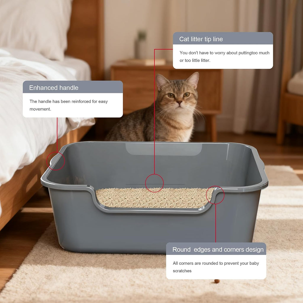 Extra Large Low Entry ABS Cat Litter Box, Grey, 24" L x 20" W x 8", 1 Pack | Durable low entry litter box, non-stick, odor-free, ideal for seniors, kittens, rabbits, large cats and multi-pet homes.