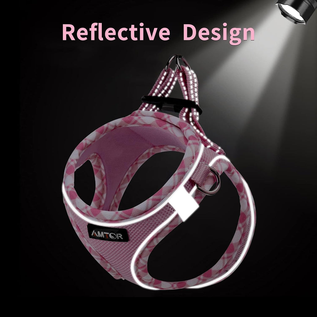 AMTOR Small Dog Harness with Leash Set, No Escape Easy Walk Puppy Harnesses for Training Walking, Step-in Reflective Soft Dogs Vest for XS S Medium Extra-Small Large Sized Dog(Pink/White,XS)