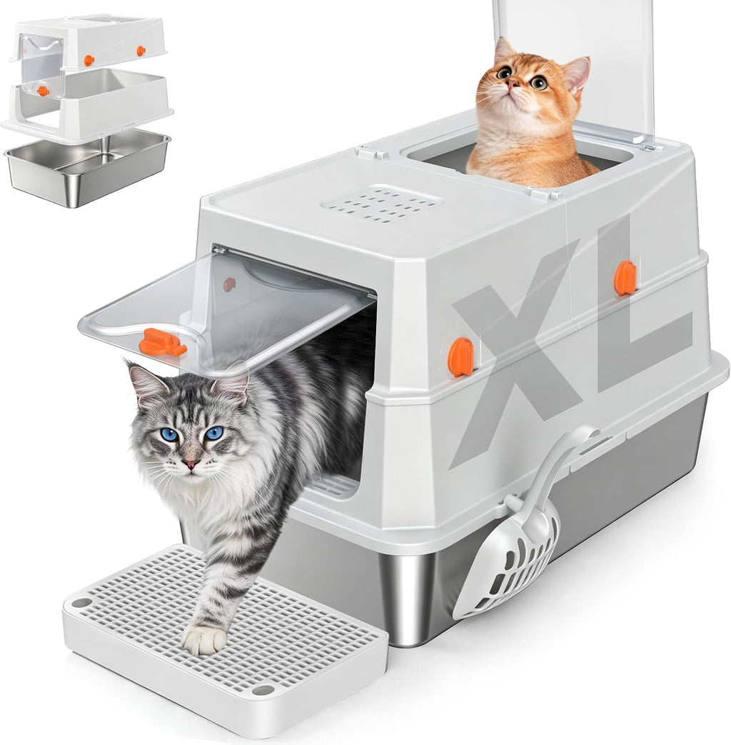 XL Enclosed Stainless Steel Litter Box, Grey
