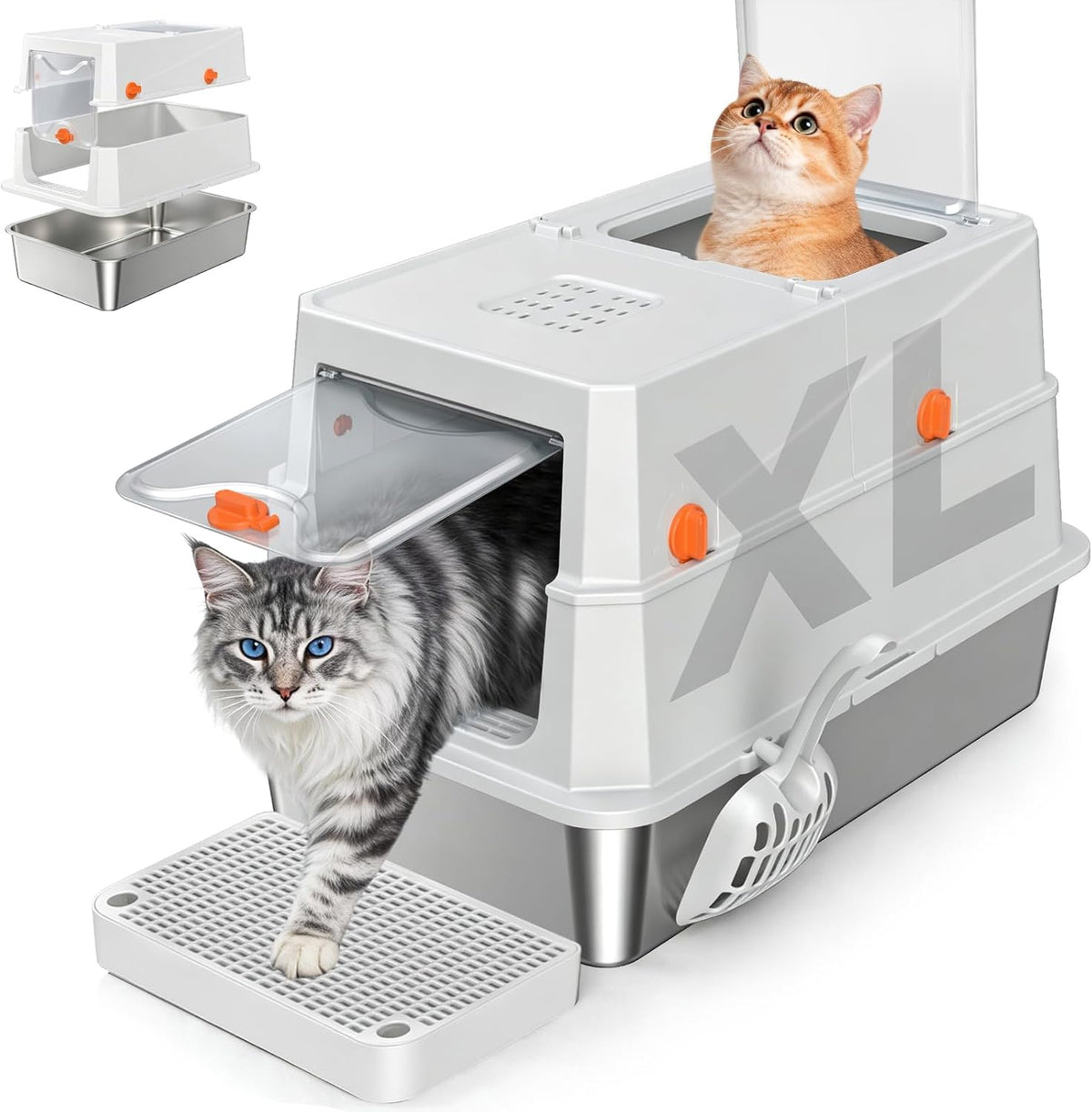 XL Enclosed Stainless Steel Litter Box, Grey