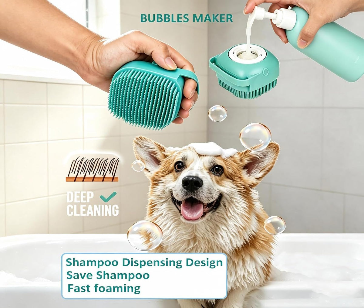 Dog Bath Glove Brush Set, 2PCS Silicone Pet Bathing Gloves with Shampoo Dispenser Scrub Brush, Gentle Massage & Hair Removal Grooming Tool for Dogs Cats Puppy Shower