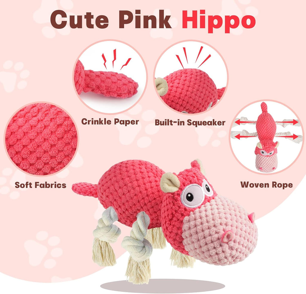 TOOPTATE Hippo Squeaky Dog Toy, Pink, Medium | Cute Plush Design, Rope Legs for Tugging, Helps Keep Dogs Busy, Suitable for Small, Medium, and Large Dogs