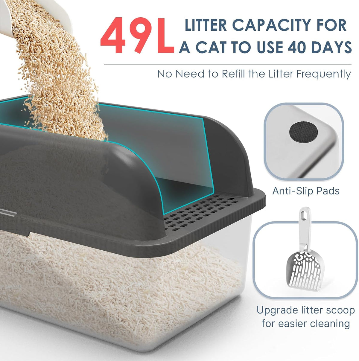 Suzzipaws XL 8" Deep Enclosed Stainless Steel Cat Litter Box for Big Cats | High-Side Anti-Leakage Stainless Steel Litter Box, Non-Sticky, Easy-Clean, Less Tracking for Multi-Cat Homes, Charcoal Gray
