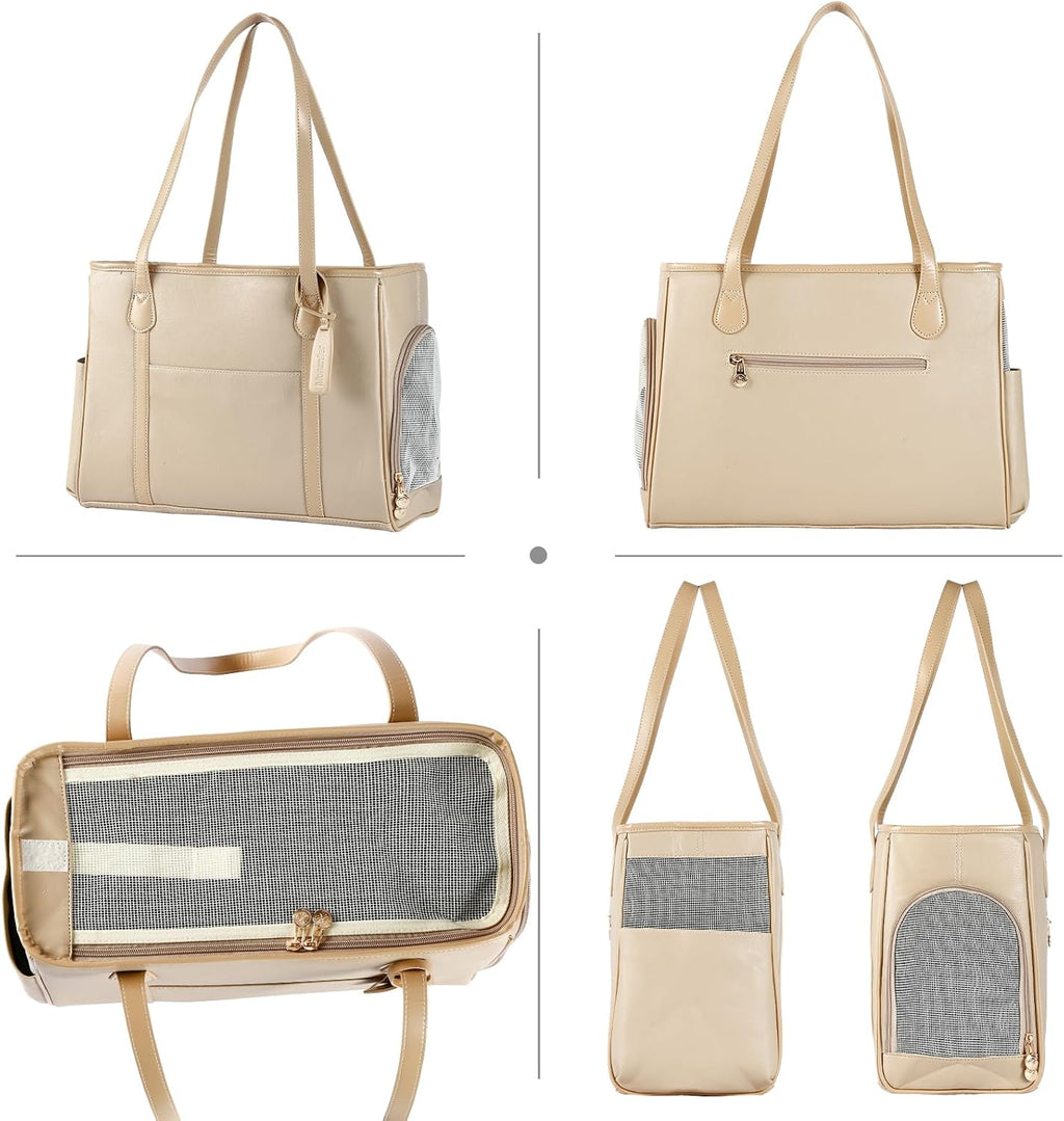 Stylish Dog Purse Carrier, Leather Pet Carrier Bag for Small Dogs Cats Puppy, Airline Approved Soft-Sided Carrier Ivory