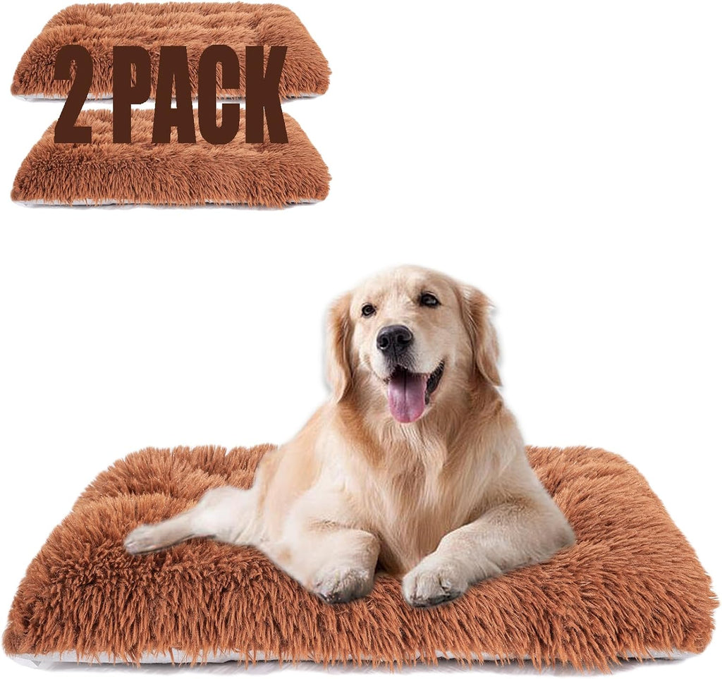 Machine Washable Dog Bed, Deluxe Plush Dog Crate Pad and Cat Bed, Anti-Slip Bottom Kennel Pad Mat, Fuzzy Pet Beds for Large, Medium, Small Dogs Breeds (Brown, 24.0" L x 18.0" W x 3.0" Th x 2 Pack)