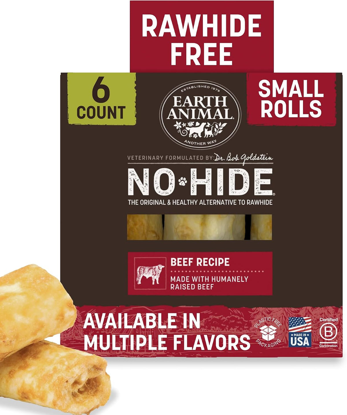 Earth Animal No Hide Dog Chews - Rawhide Free Small Rolls 6 Count Beef