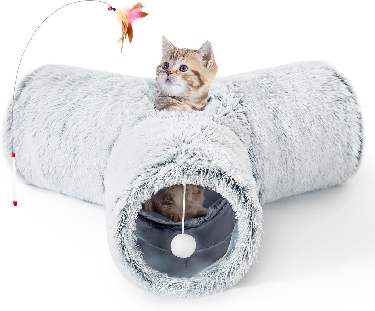 Tempcore Plush Cat Tunnel, 3-Way Collapsible Toy for Indoor Cats, Grey | Plush Fabric Creates a Soft Play Space for Cats, with 3-Way Tunnels, Peek Holes, Hanging Ball and Teaser Wand for Interaction