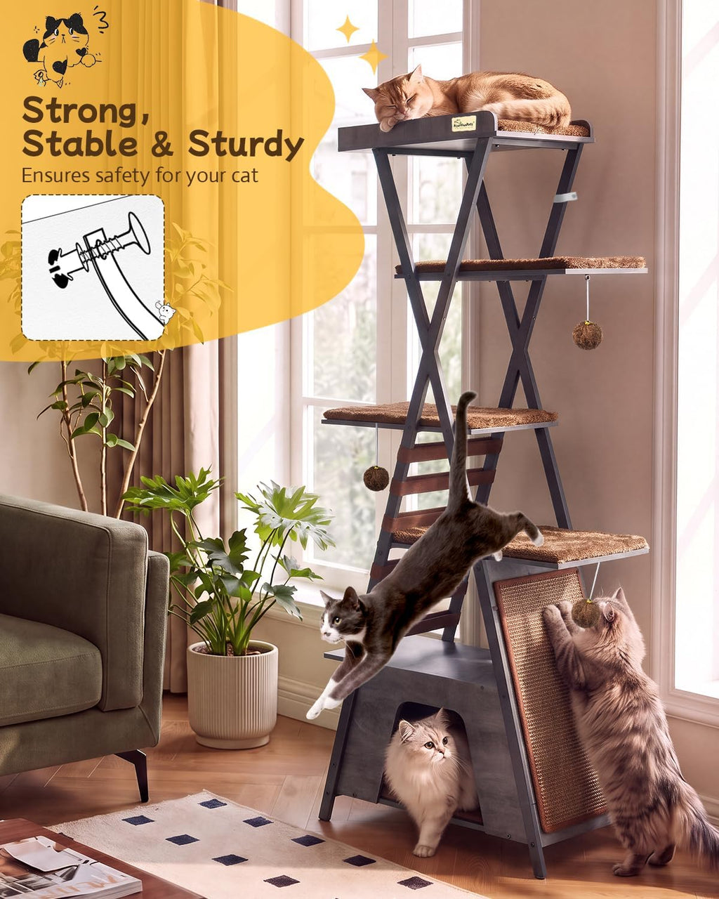 FourFurPets 72.4" Modern Cat Tree for Indoor Cats, Multi-Level Cat Condo