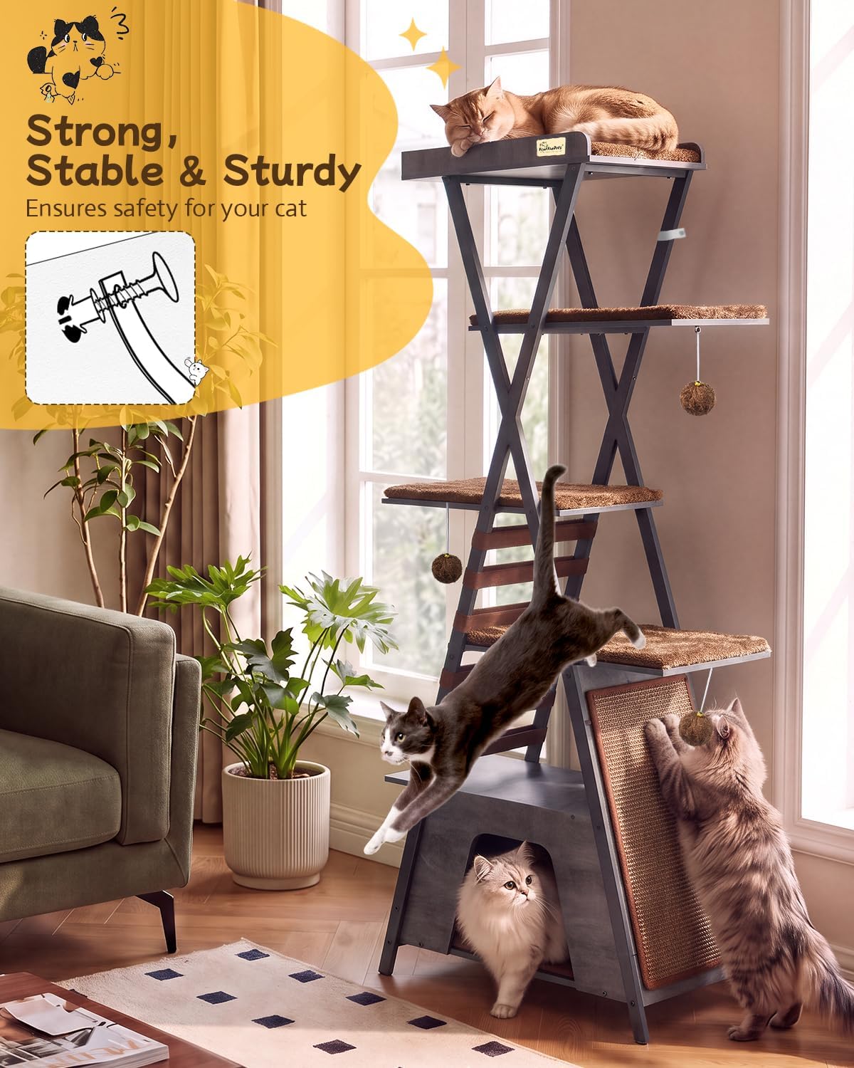 FourFurPets 72.4" Modern Cat Tree for Indoor Cats, Multi-Level Cat Condo