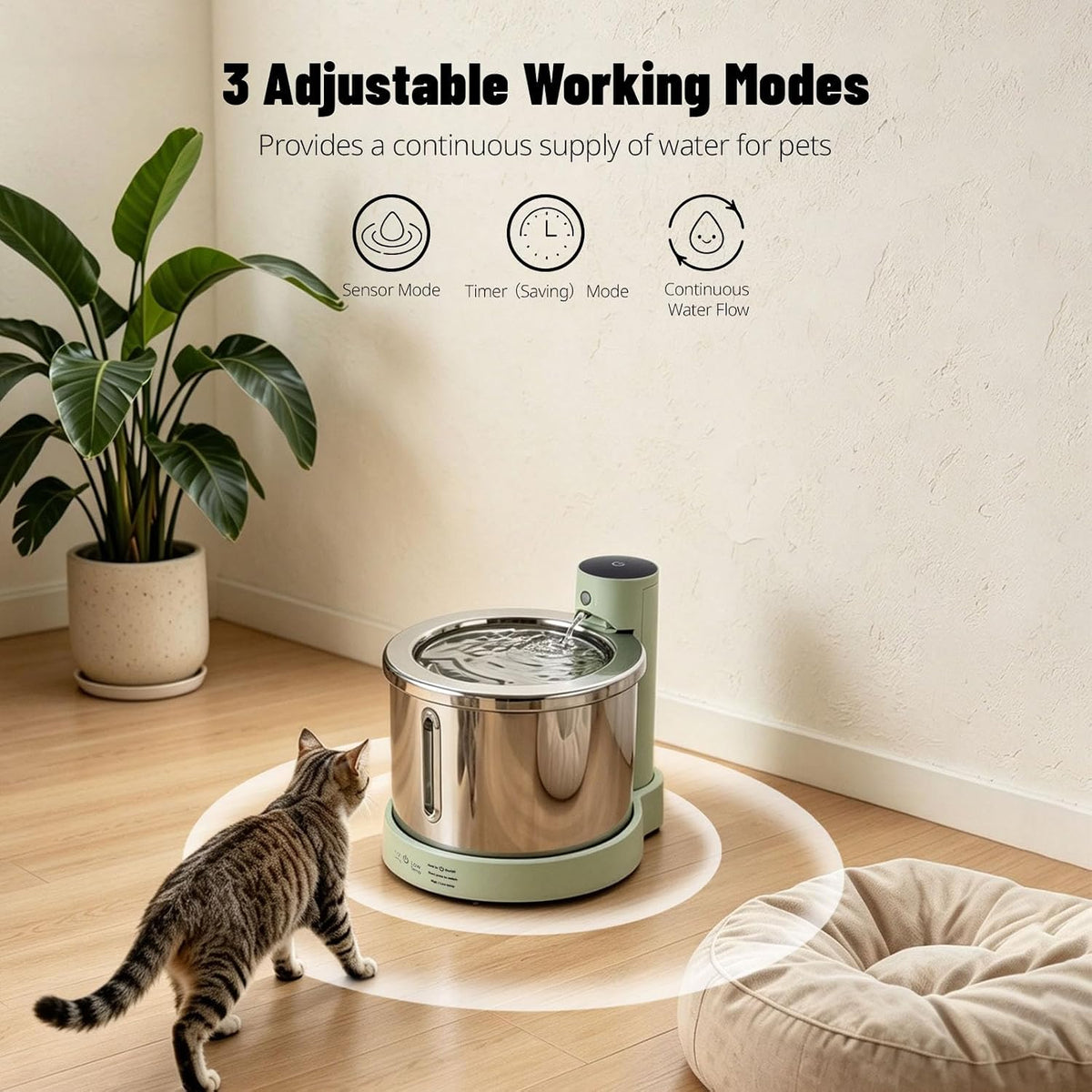 Wireless Stainless Steel Cat Water Fountain, 3L Induction Dispenser