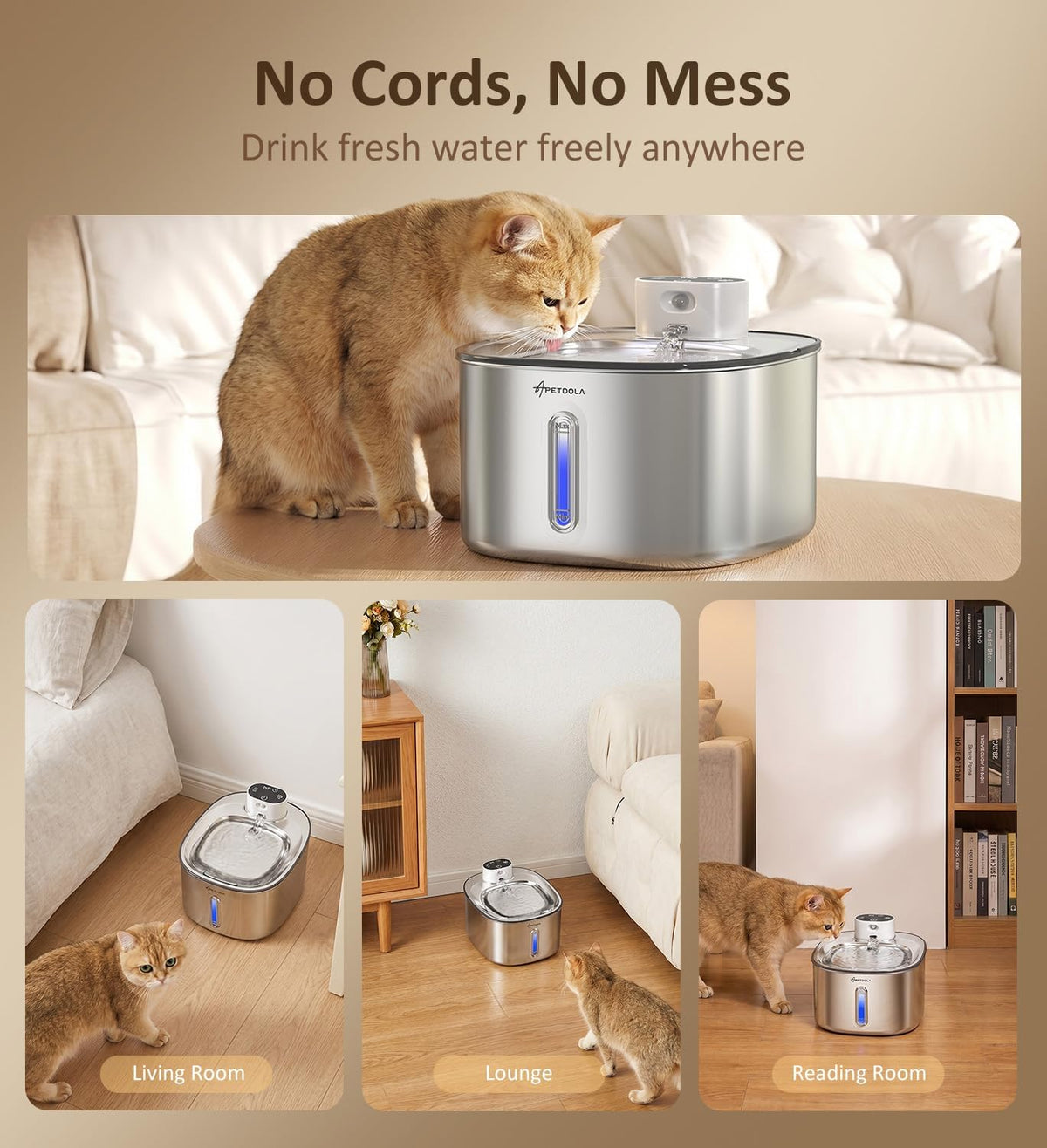 Stainless Steel Cat Water Fountain,152fl-oz/4.5L Wireless Cat Fountain,5000mAh Battery Operated Pet Water Fountain for Cats Dogs,Ultra Quiet