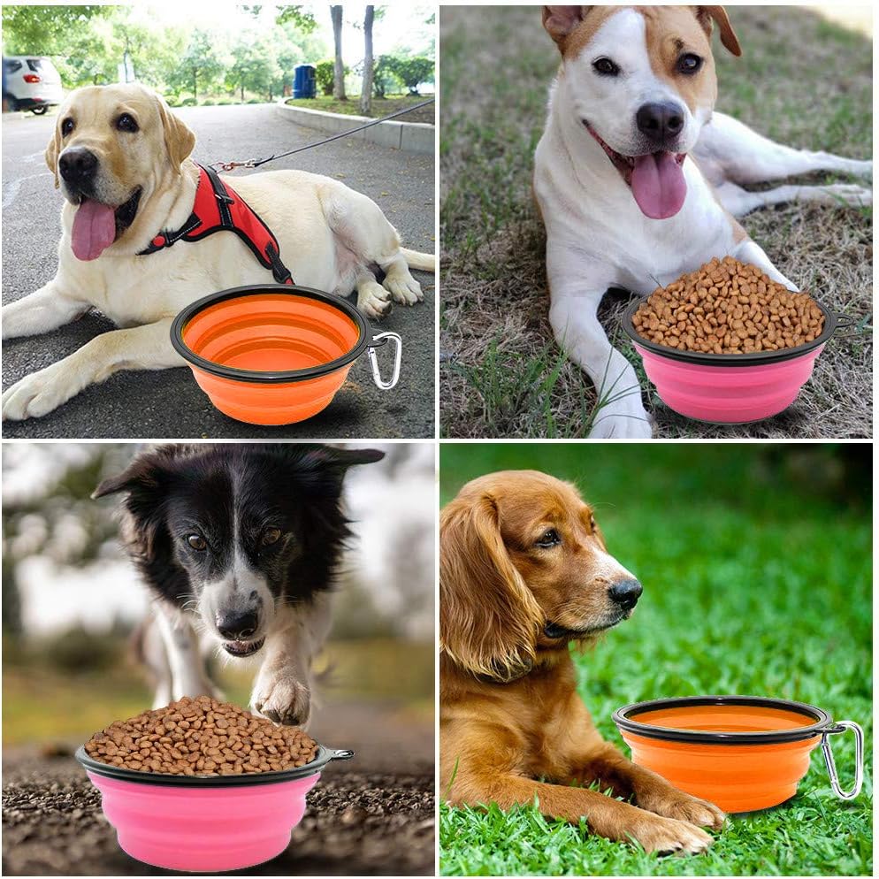 Dog Bowl Pet Collapsible Bowls, 2 Pack Collapsible Dog Water Bowls for Cats Dogs, Portable Pet Feeding Watering Dish for Walking Parking Traveling with 2 Carabiners (Large, Orange+Pink) 