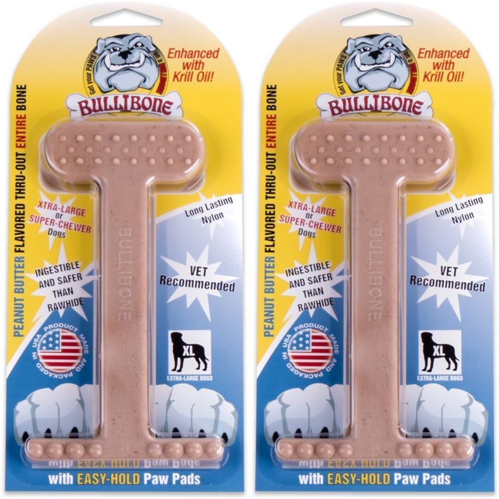 Bullibone Nylon Dog Chew Toy for Aggressive Chewers - Dental Hygiene Bone with Peanut Butter Flavor, Durable Tough Chew Toys for Extra Large Dogs, Indestructible Dog Bone - 2 Pack