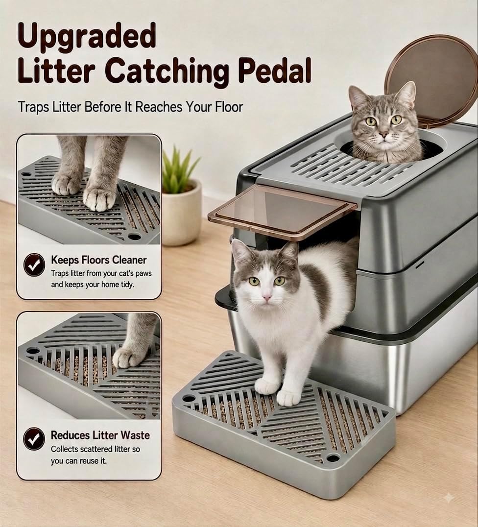 Stainless Steel Cat Litter Box with Lid, XL Enclosed Covered Litter Box for Large Cats, Front Entry Top Exit, High Sided Metal Litter Box, Odor Control, Leak Proof, Scoop & Pedal Included