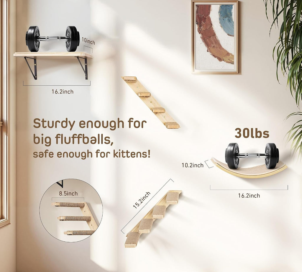 Cat Wall Shelves Set with Sisal Cats Stairs, 4 Piece Wooden Climbing Furniture with Scratchable Curved Bed, Flat Shelf & 2 Cat Wall 4-Steps Ladders