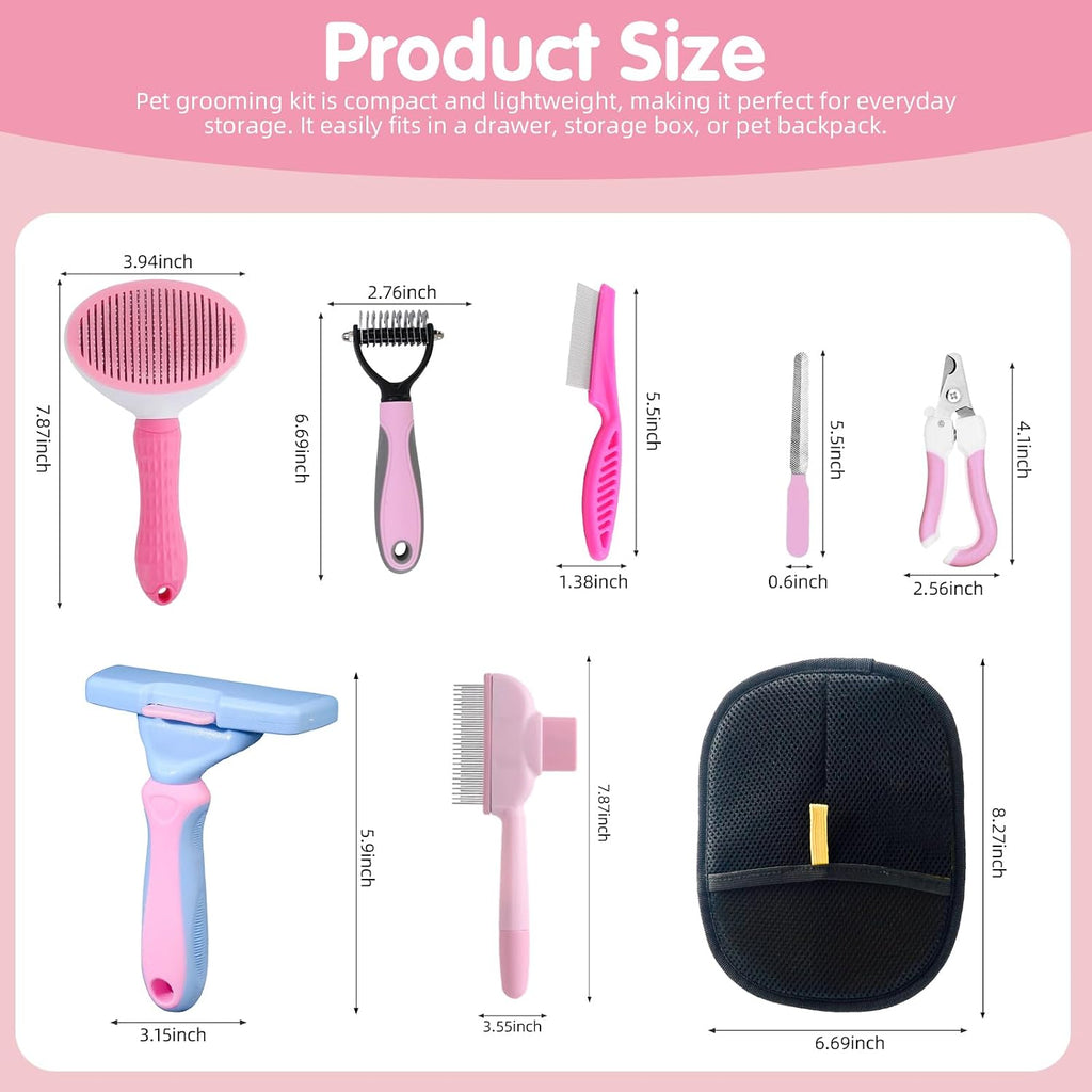 Oromaviela 8PCS Dog Rabbit Bunny Cat Grooming Kit, Self-Cleaning Slicker Brush & Deshedding Comb, Dematting Tool, Nail Clipper File, Flea Comb, Portable Storage Bag for Long/Short Haired Pets(8, pink)