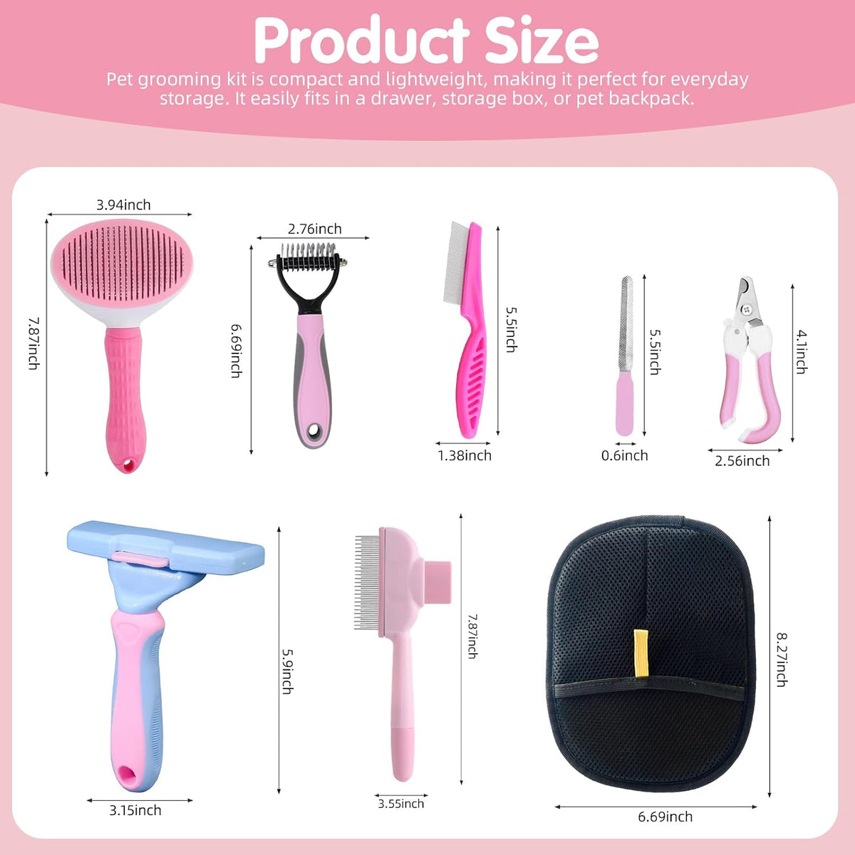 Oromaviela 8PCS Dog Rabbit Bunny Cat Grooming Kit, Self-Cleaning Slicker Brush & Deshedding Comb, Dematting Tool, Nail Clipper File, Flea Comb, Portable Storage Bag for Long/Short Haired Pets(8, pink)
