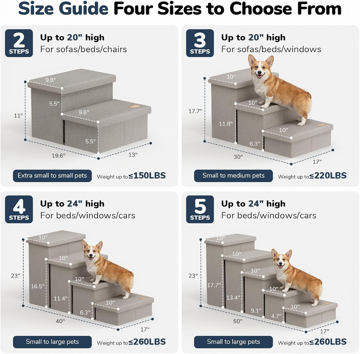 4-Step Wide Dog Stairs with Storage 23" H, Non-Slip Sturdy Pet Steps for High Bed Couch Window, Pet Stairs for Small/Medium/Large Old Dogs Cats Up to 220lbs, Cat Dog Steps for Car, Light Grey
