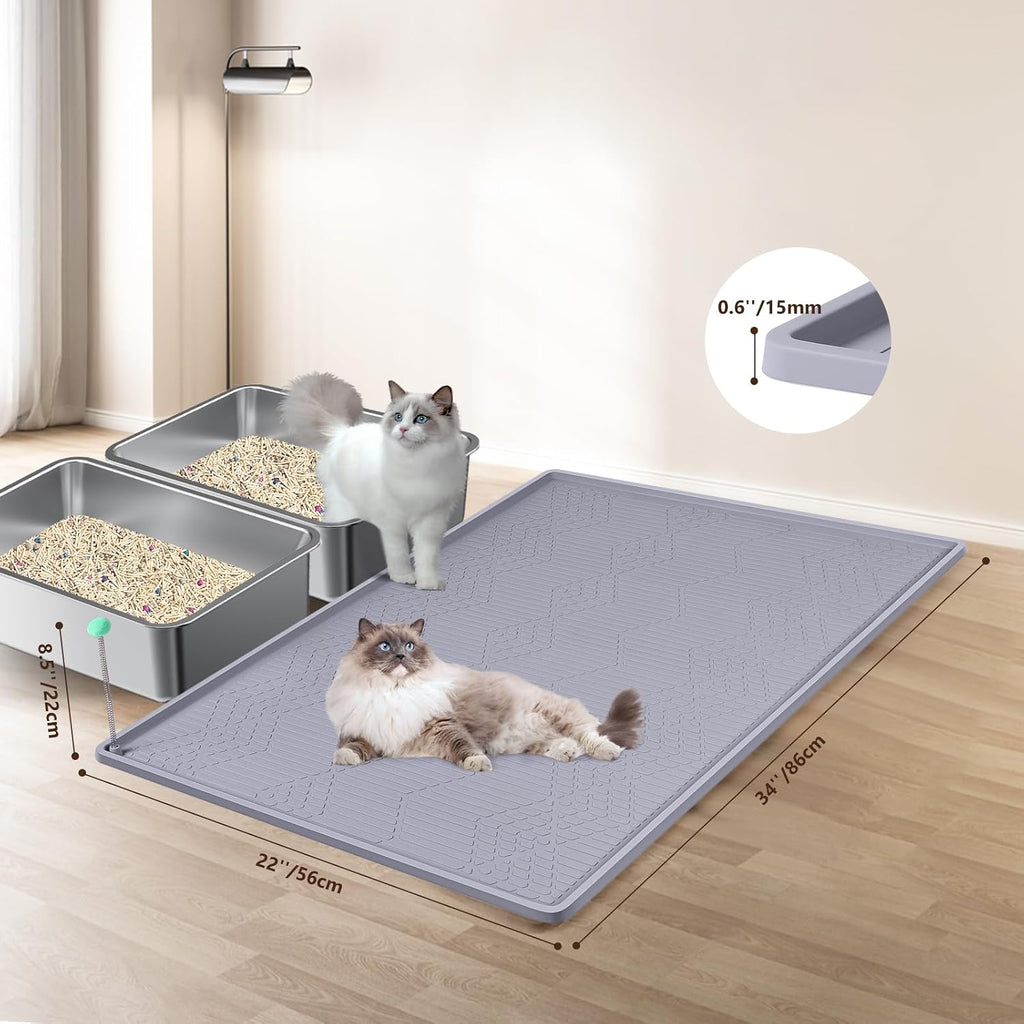 Silicone Cat Litter Box Mat 34'' x 22'' Cat Mat with Toy, Grey