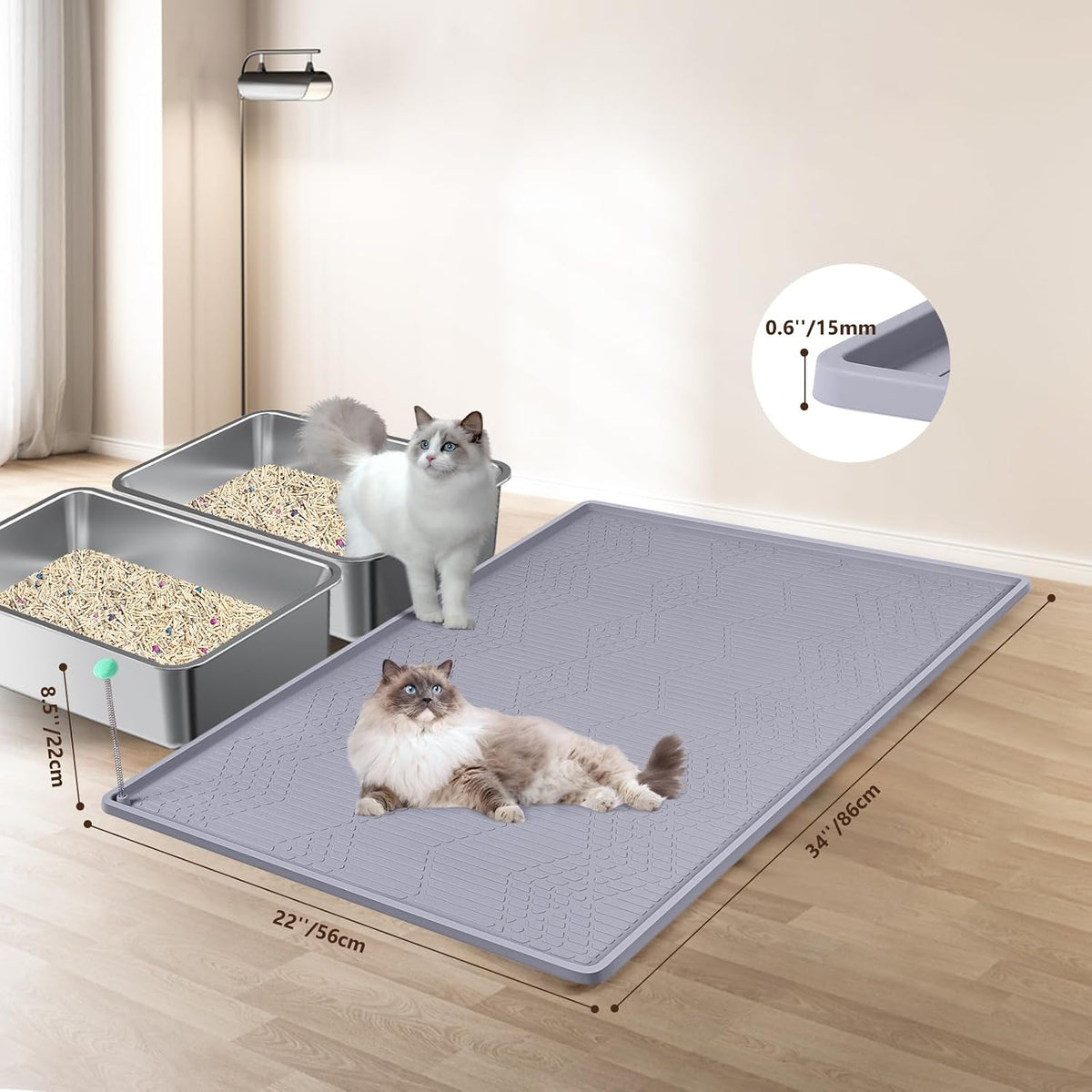 Silicone Cat Litter Box Mat 34'' x 22'' Cat Mat with Toy, Grey