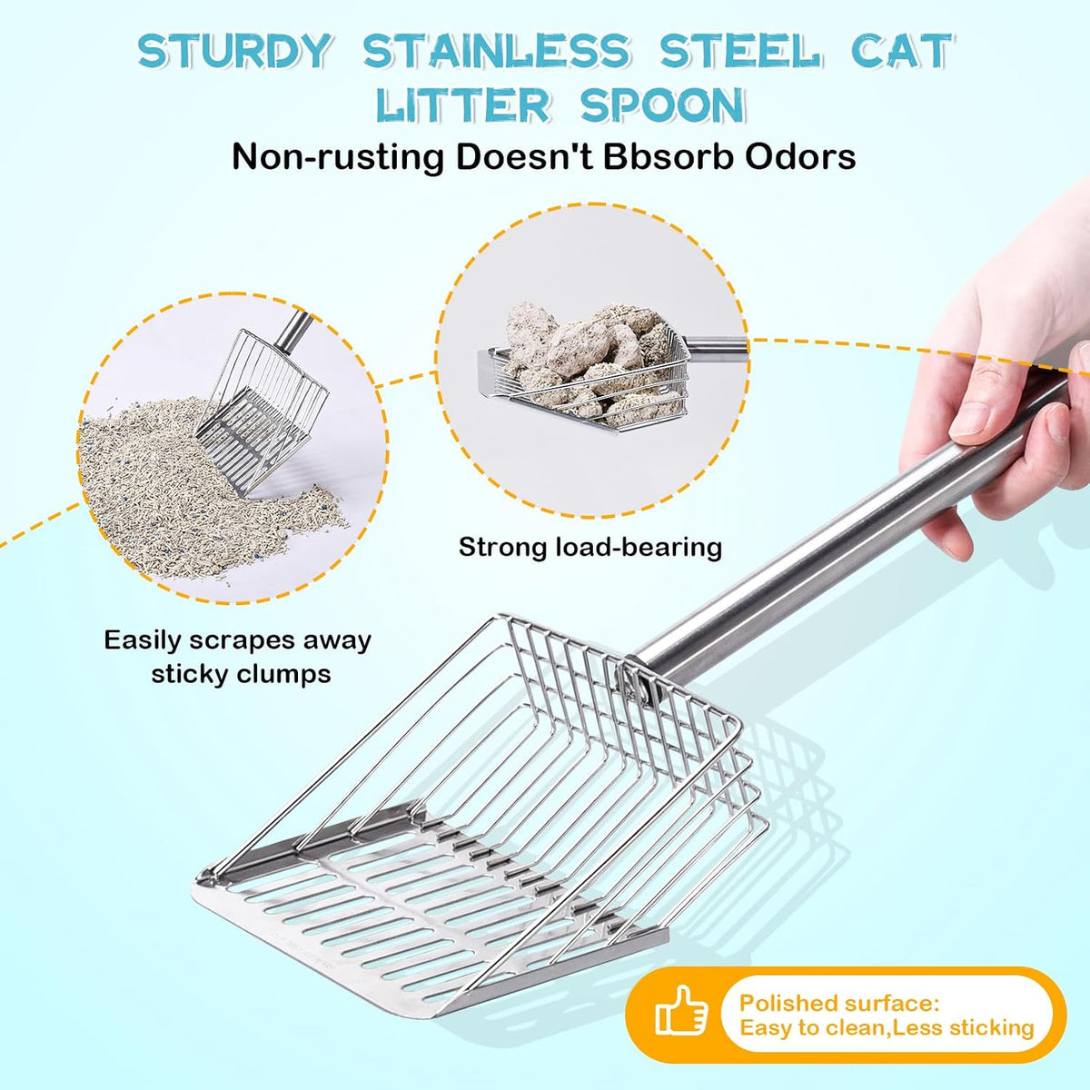 PETOCAT Metal Cat Litter Scoop with Holder Stainless Steel Kitten Poop Scooper, 17.5" Heavy Duty Pet Poop Sifter for Cat Box, Long Handle Large Waste Shovel, Fast Sifting Big Clumps, Solid & Durable