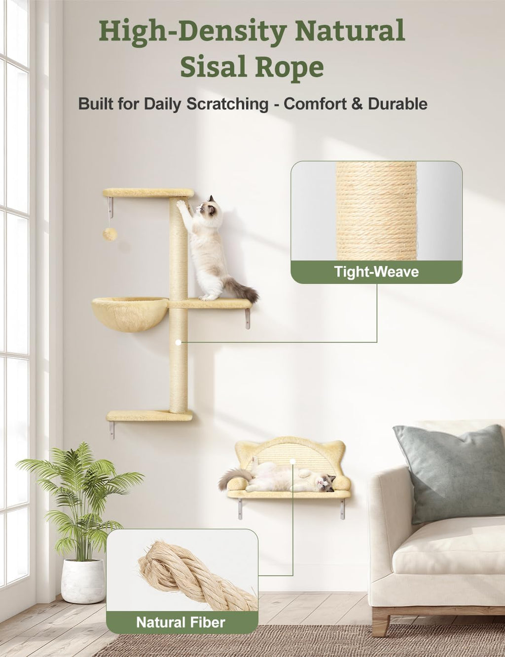 5-in-1 Cat Wall Shelves, Solid Wood Cat Wall Furniture Set for Indoor Cats