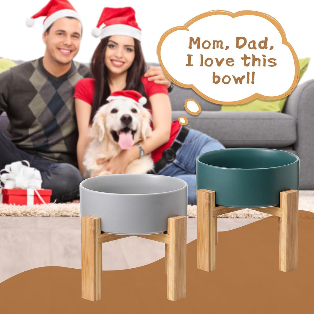 Elevated Ceramic Large Dog Bowl - Raised Dog Dish with Bamboo Stand - Heavy Weighted, No Tip Over, Comfortable Eating - 8.4" Diameter - 4.5 Cups - 68 fl oz - Grey