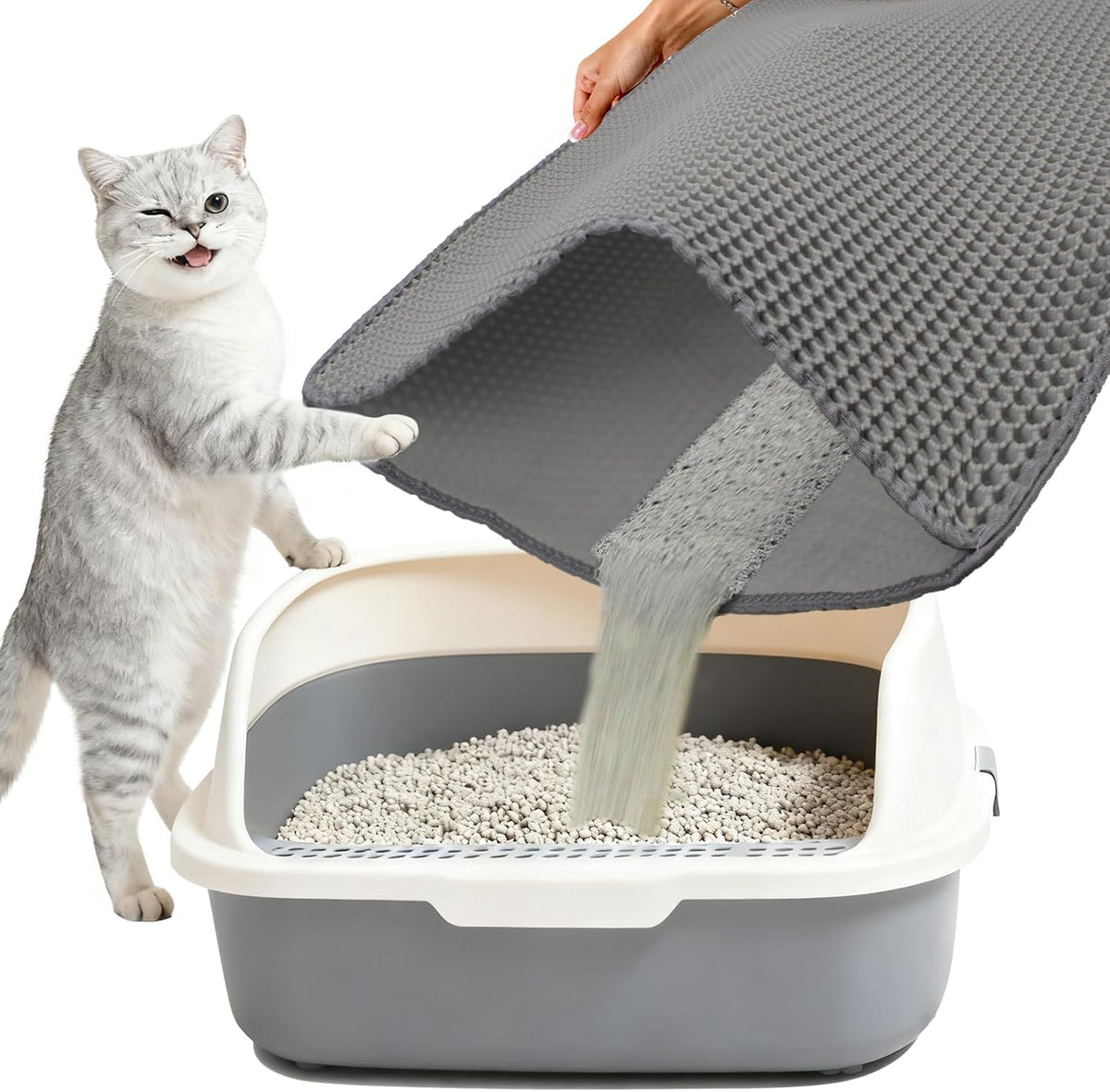 Cat Litter Box Mat,Double-Layer Honeycomb Litter Trap 35"x24" Gray | Catches Scattered Particles to Stop Tracking,Waterproof Design Urineproof Base Protects Floors, Easy to Clean, Indoor Cats