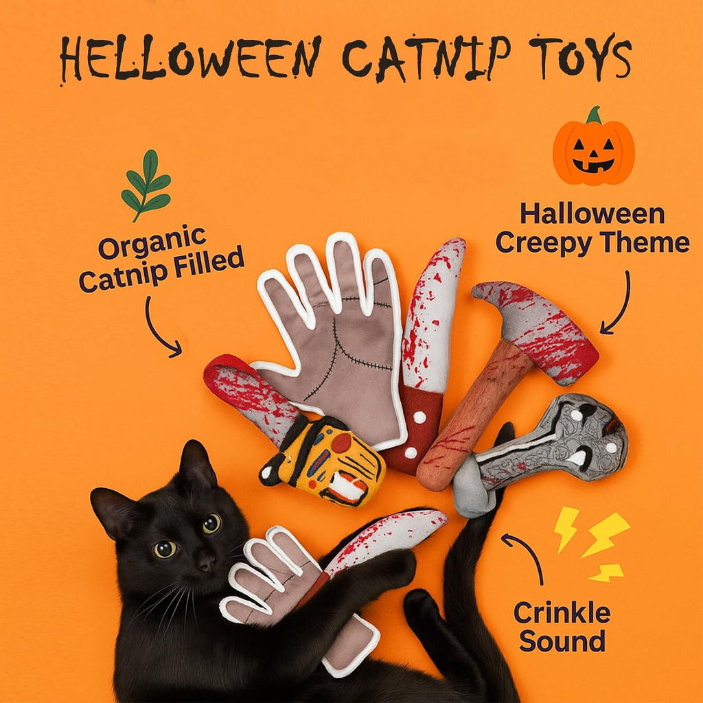 5PC Halloween Catnip Toys, [100% Organic Catnip Filled] Knife-Shaped Crinkly Sound Cat Toys for Indoor Kitten Cat Nip Kitty Chew Toy