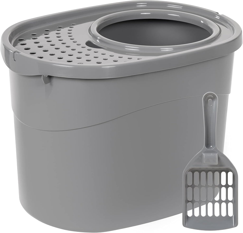 Amazon Basics Large Cat Litter Box with High Sides, Top Entry, Odor Control, Includes Scoop, 20.5 x 14.75 x 14.38 inches, Grey