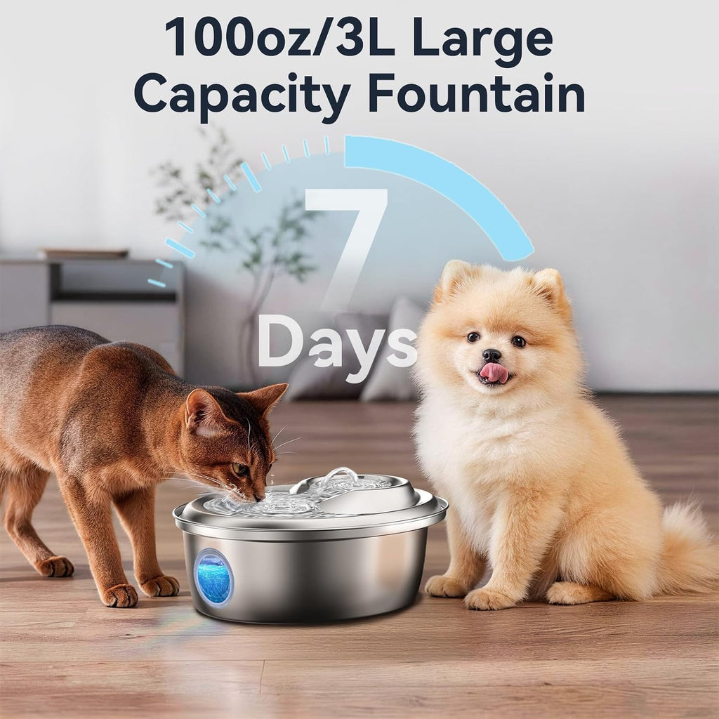 ORSDA Stainless Steel Cat Water Fountain, Automatic Pet Water Fountain, 100oz/3L Drinking Fountain Dog Water Dispenser with Water Level Window- 3 Filters +1 Pump Sponges(D66)