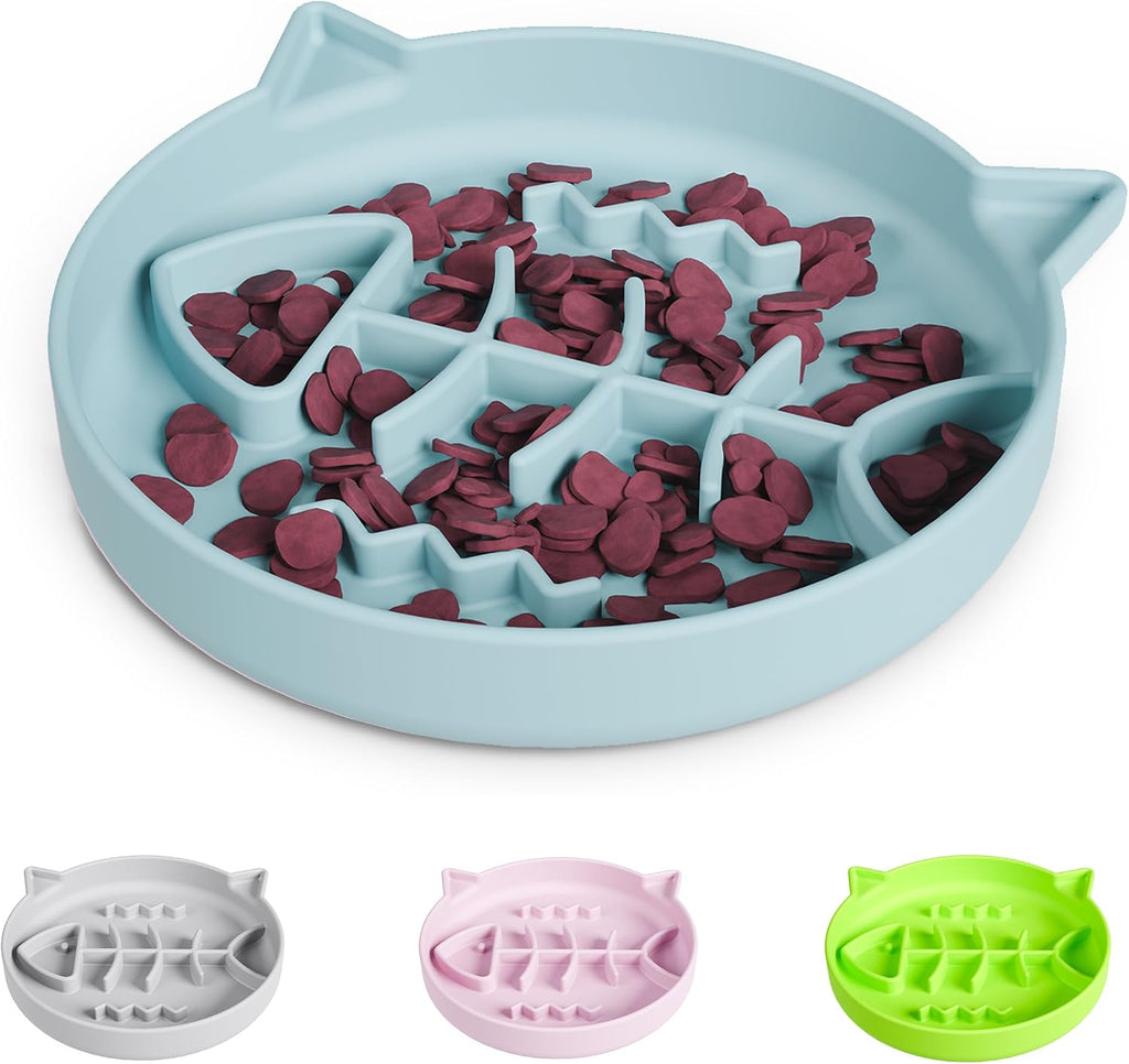 Silicone Cat Slow Feeder Bowl with Suction Cups, Puzzle Feeder, Interactive Toys for Cats, Reduces Overeating (Blue, 1 Cup)
