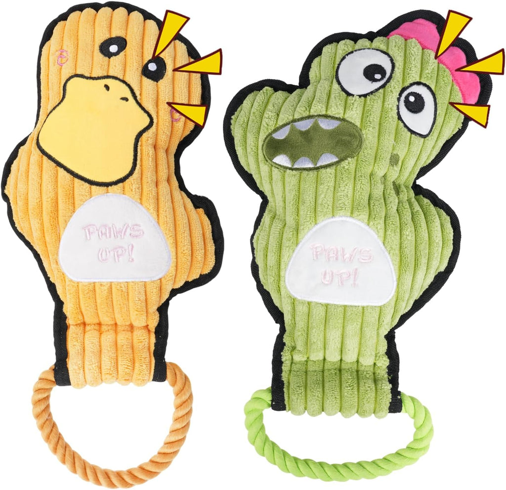 2-Pack Crinkle and Squeaky Dog Toys & Tough Tug of War Set - No Stuffing Chew-Resistant Plush Toys to Keep Them Busy, Best Birthday Gift for Small/Medium/Large Breeds (Ducks & Dino)