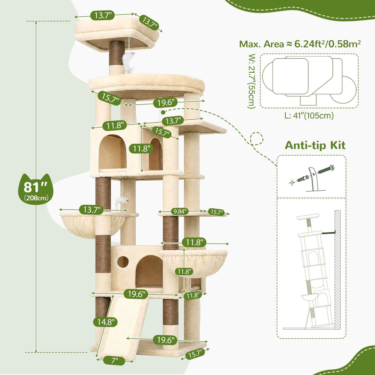 Globlazer 81in Cat Tree for Large Cats, Extra Tall Tower, F81H, Beige