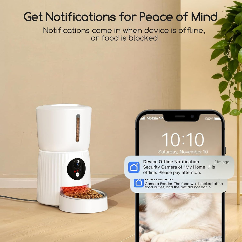 Faroro Automatic Cat Feeder with Camera, 1080P HD Video with Night Vision, 5G WiFi Automatic Dog Feeder with APP Control, 2-Way Audio, Blockage Sensor for Cats or Small Dogs, 4L (White)