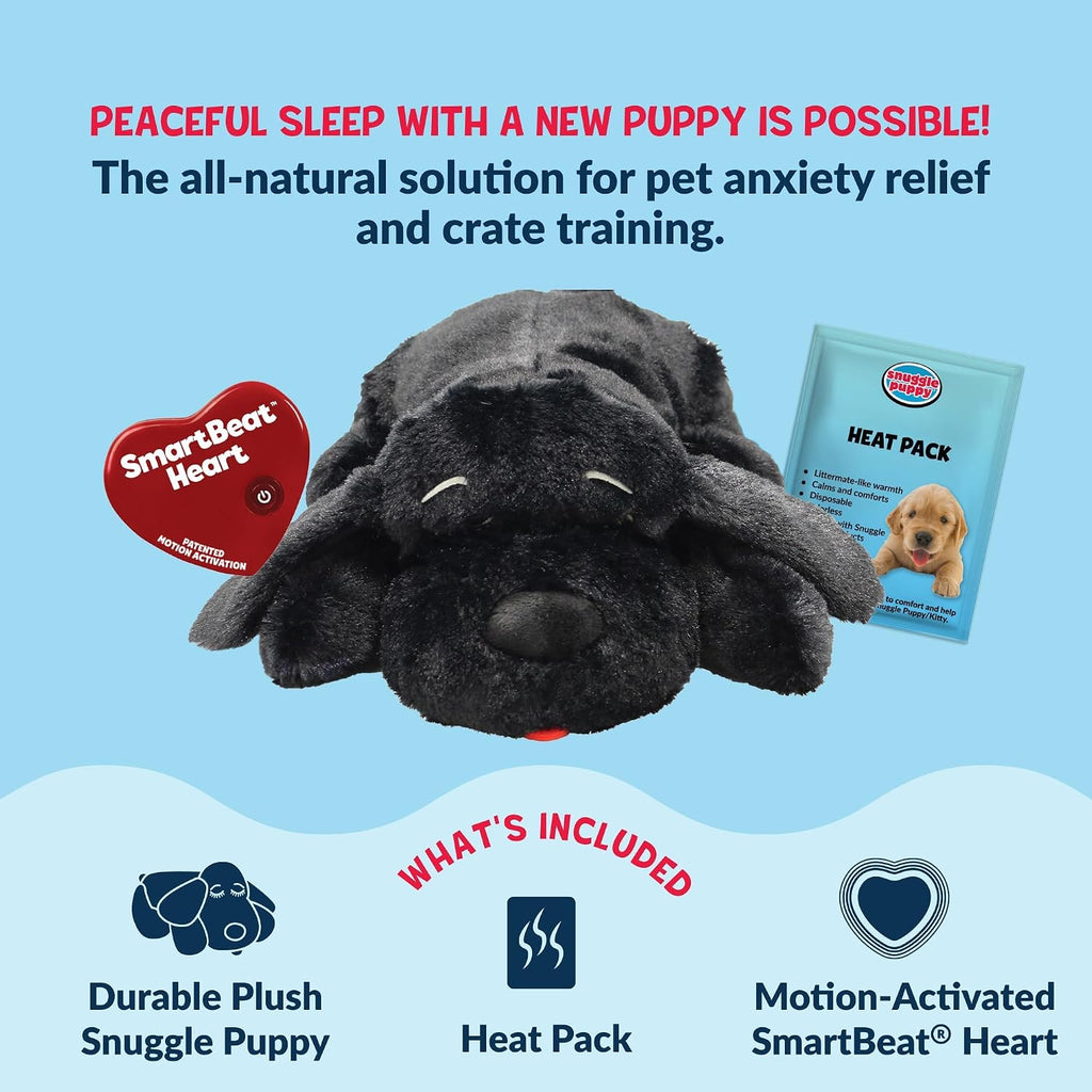 Snuggle Puppy Heartbeat Dog Toy for Puppies, Real-Feel Heartbeat, Calming Sleep Aid and Crate Training Comfort Toy with Heat Pack, Black Plush Design | Calming heartbeat toy, crate training comfort, heat pack, new puppy essentials, first nights, sleep,...