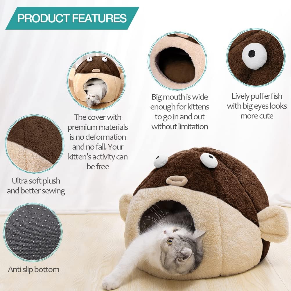 Cat Beds for Indoor Cats-Cat Bed Cave,Cute Lively Pufferfish Shape,Brown L