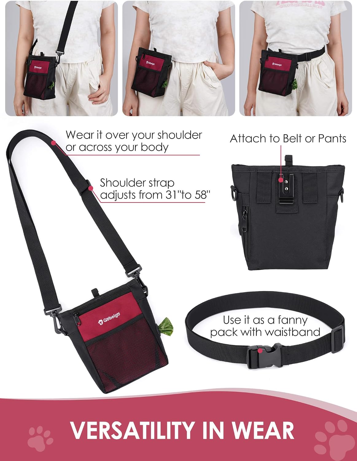 Gobeigo 4 Cup Dog Treat Pouch with Silicone Insert Bag& Clicker(Red)
