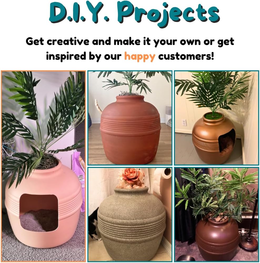 Good Pet Stuff Original Hidden Litter Box Planter, Decorative Cat Litter Enclosure, Carbon Filter, Faux Plant, Round Design, Easy to Clean, Base Kit, Broad Leaf Philodendron, Blush Coral